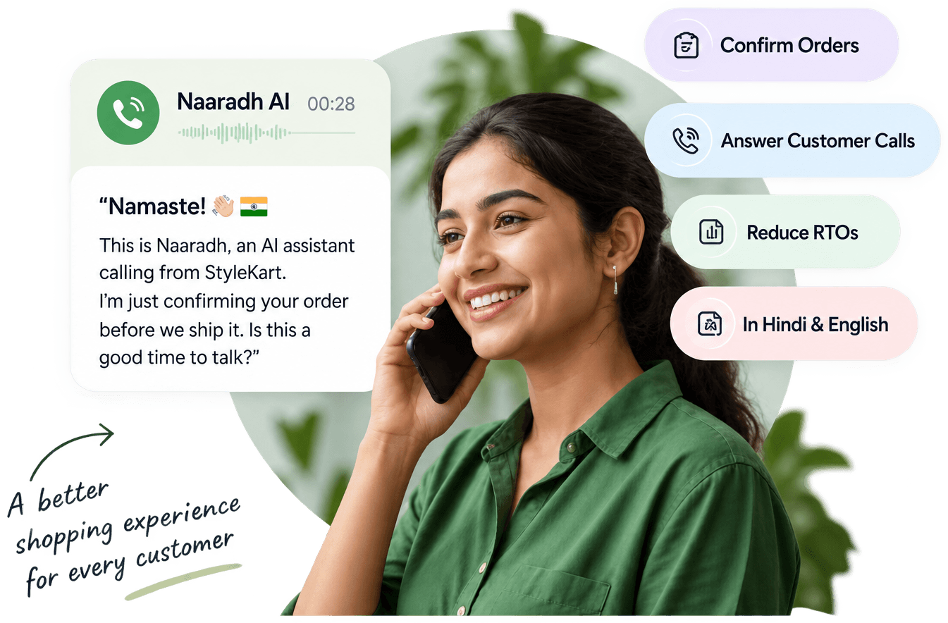 A customer on the phone with Naaradh, which is confirming her order before it ships.