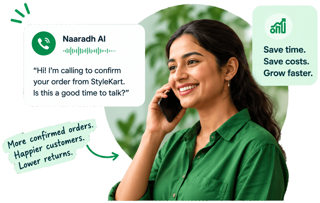 A customer smiling on a call from Naaradh confirming her order.